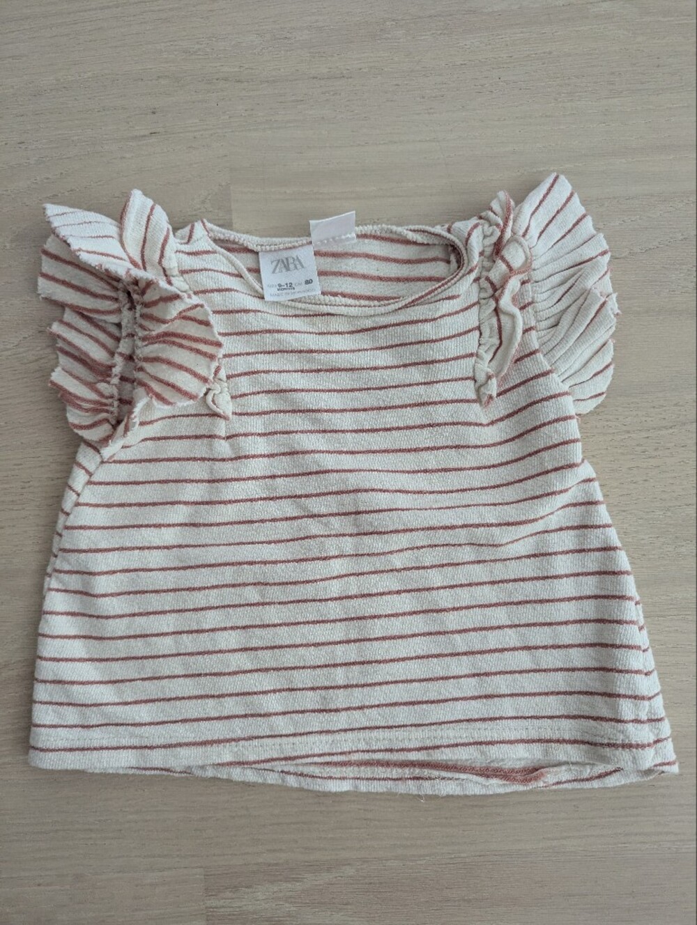 ZARA Cream and Pink Striped Ruffle Sleeve Tee - 12 M